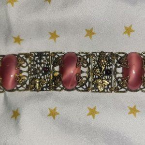 Antique Art Nouveau Brass Czech Grape Pink Glass Cabochon Bracelet Victorian